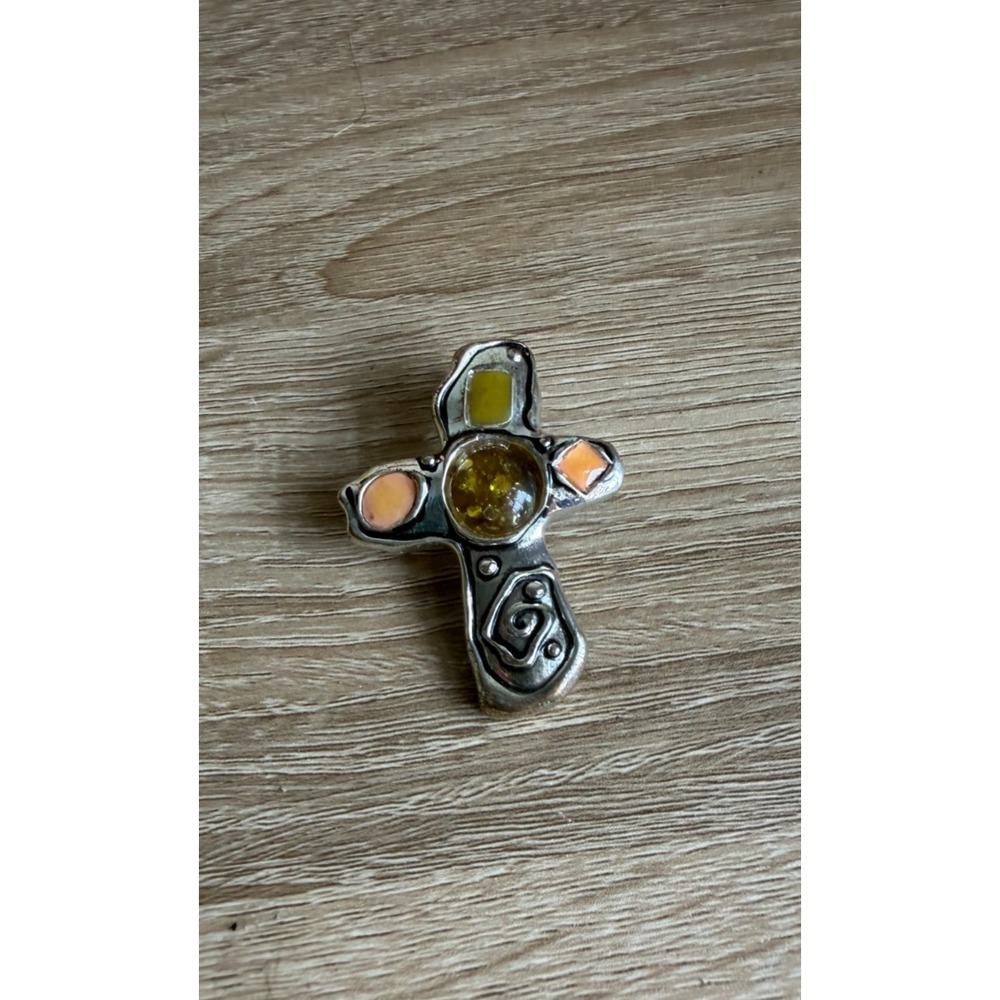 Vintage Cross Brooch Pin‎ Pendant Silver Multicolored Stones 2 inches